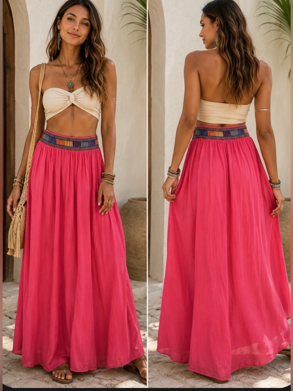 Fun & Flirt Pink Aztec Festival Boho Embroidered Flowy Resort Maxi Skirt Medium